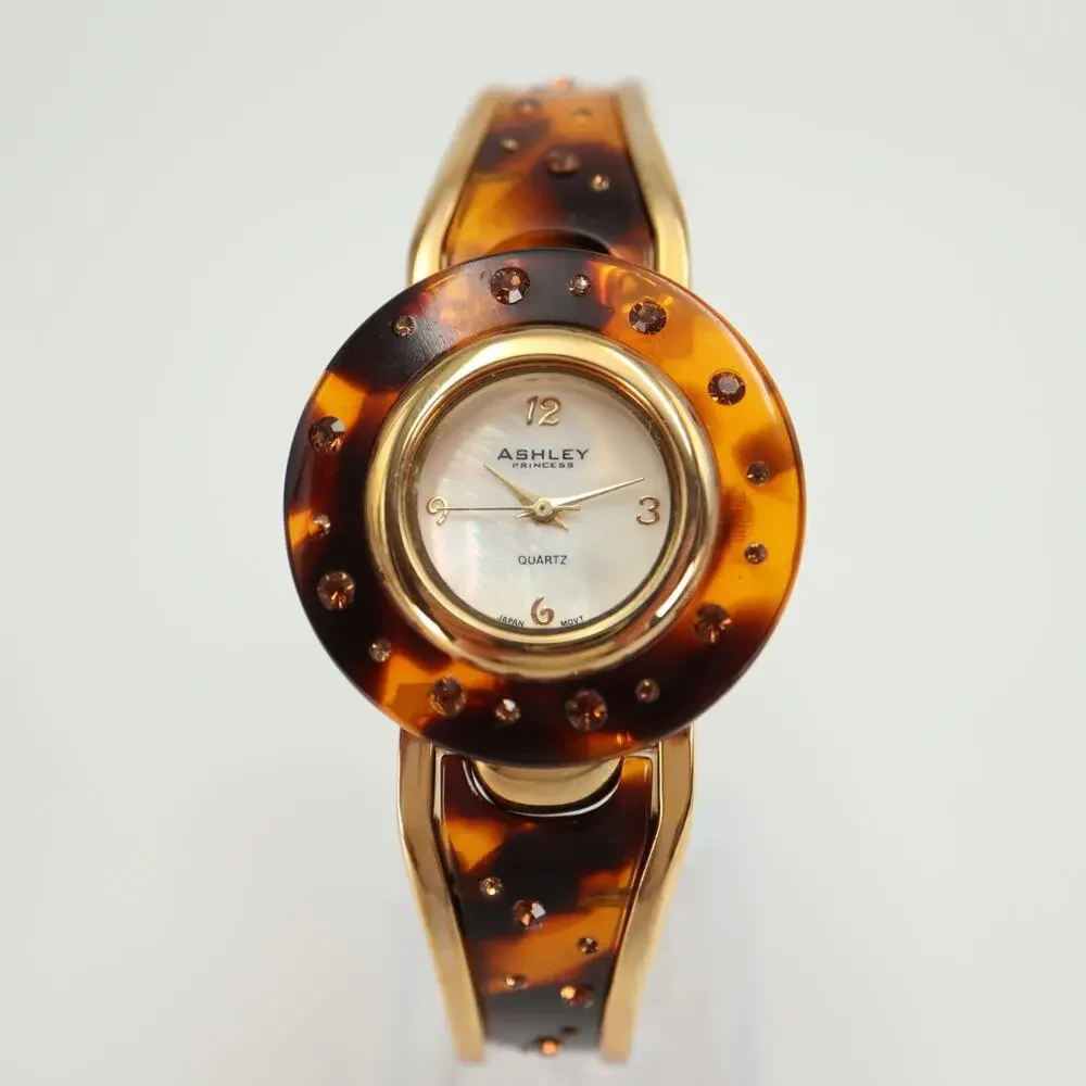 Ashley Princess Womens Watch MOP Dial Tortoise Jewel Bezel Cuff Bracelet Working